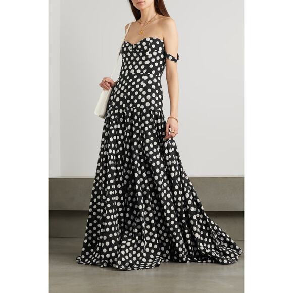Studio 189 Off-the-shoulder Pleated Polkadot Cotton Gown - S - Black - Picture 2 of 6